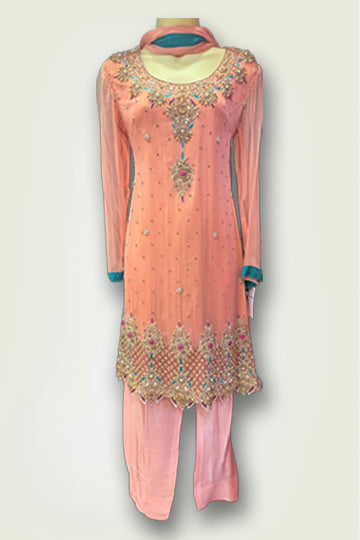 Pakistani Peach Embroidery and Bead Work Women Outfit