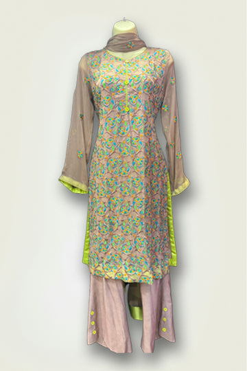 Pakistani Light Brown and Green Embroidery Work Women Outfit