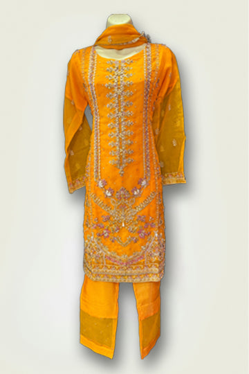 Pakistani Orange Embroidery and Bead Work Women Outfit