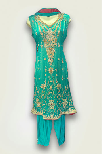 Pakistani Sea Green Embroidery and Bead Work Women Outfit