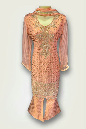 Pakistani Peach Embroidery and Bead work Women Outfit