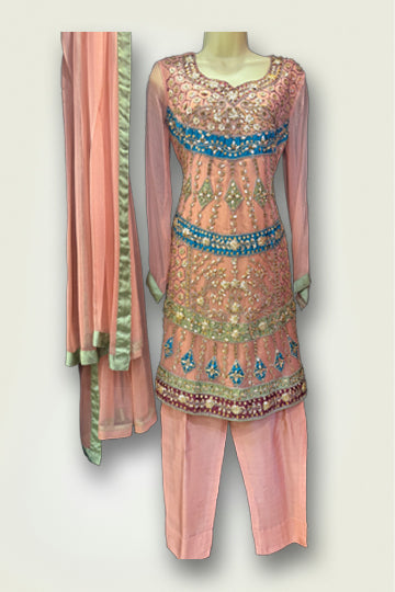 Pakistani Light Pink bead Work and velvet patches Women Outfit