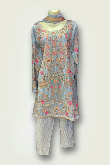 Pakistani Ice Blue Bead work Embroidery Women Outfit