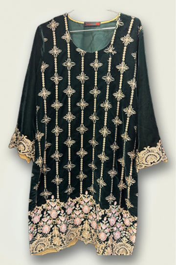 Pakistani Dark Green Velvet Embroidery Women Outfit