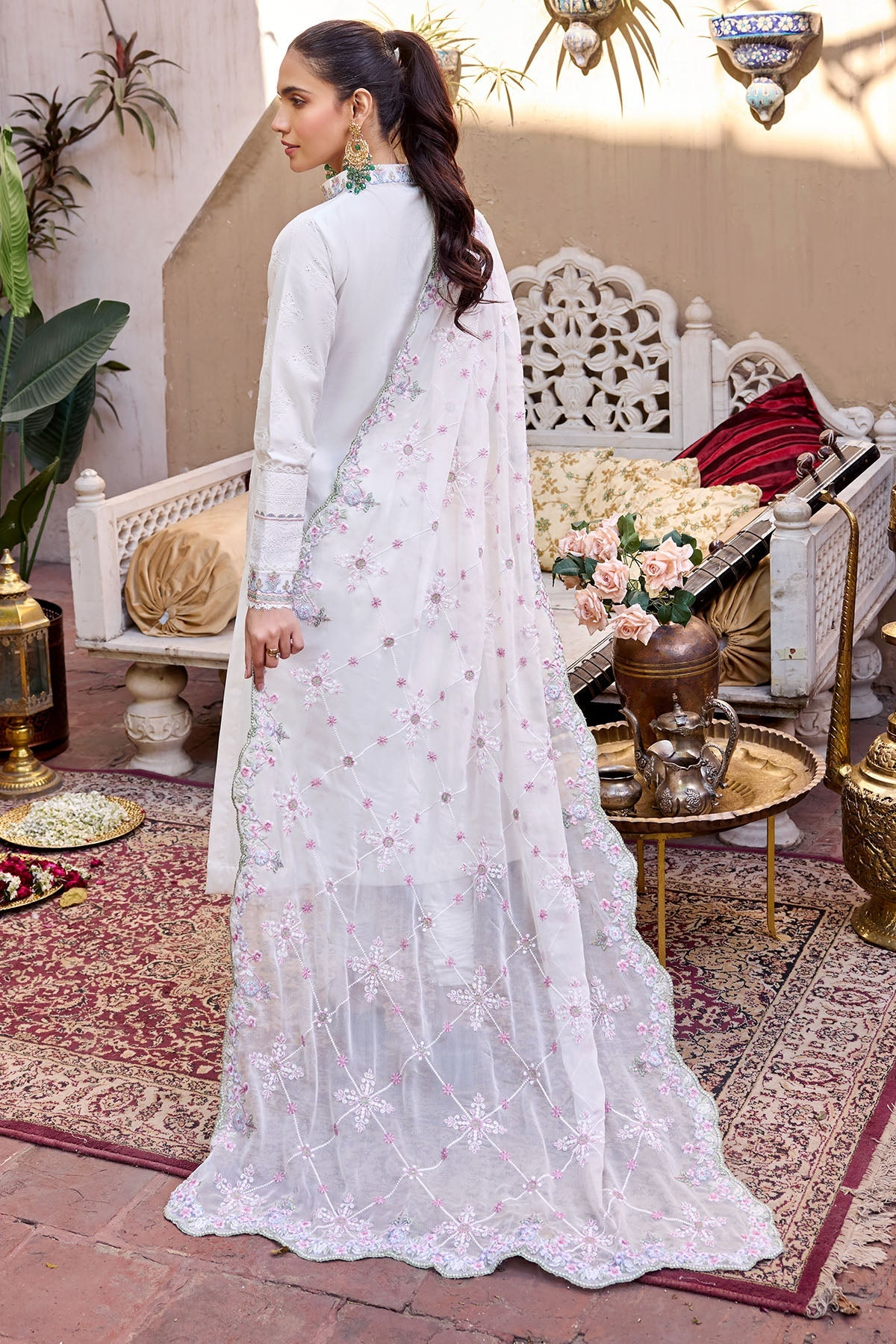 White Long Kameez Pajama With Dupatta Pakistani Eid Dress