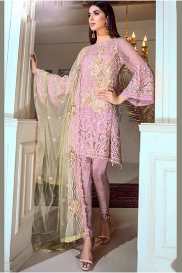 Pakistani Embroidered Faux Georgette Lavender Outfit