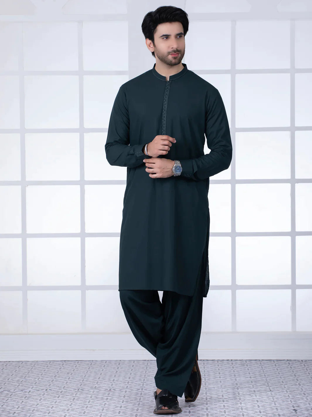 ALMIRAH DARK GREEN BLENDED KAMEEZ SHALWAR