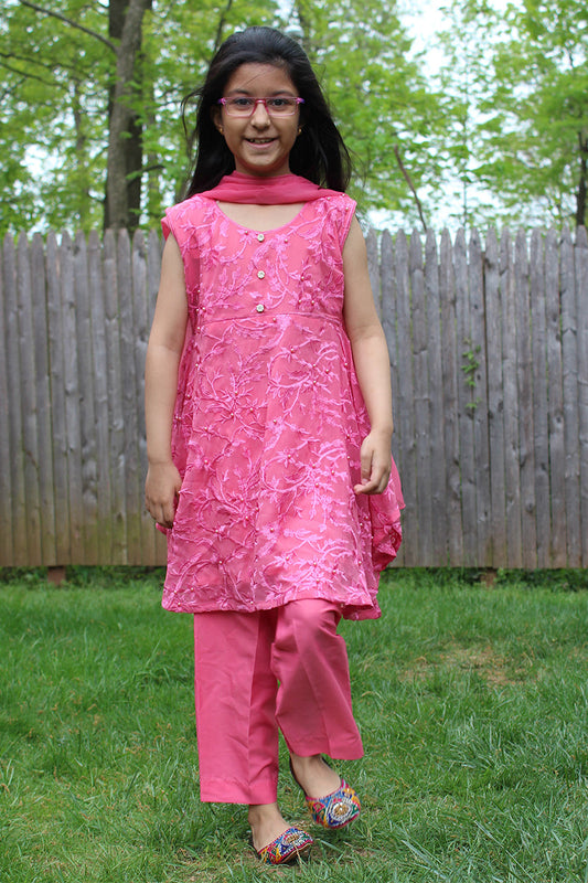 Pakistani Embroidered Pink Chiffon Frock
