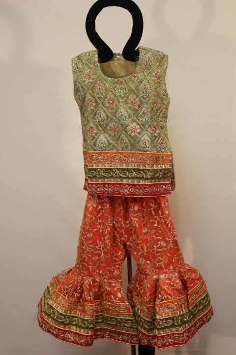 Pakistani Lime Red Embellished Kids Gharara