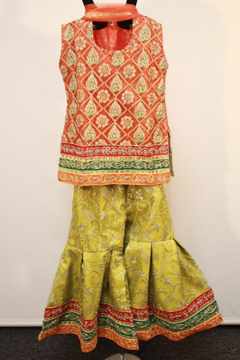 Pakistani Red Lime Embellished Gharara