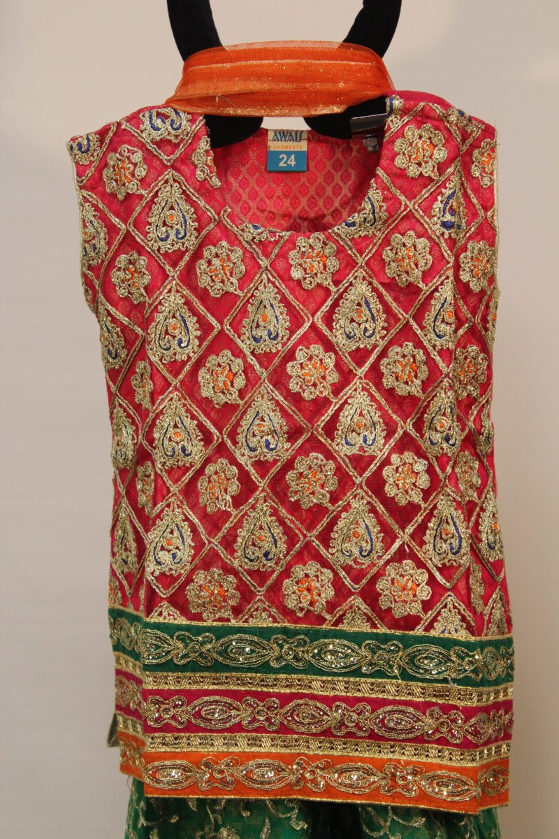 Pakistani Red Green Embellished Kids Gharara