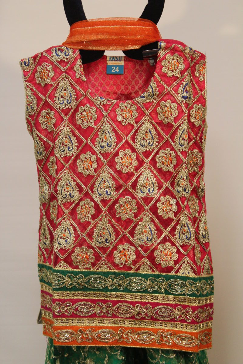 Pakistani Red Green Embellished Kids Gharara