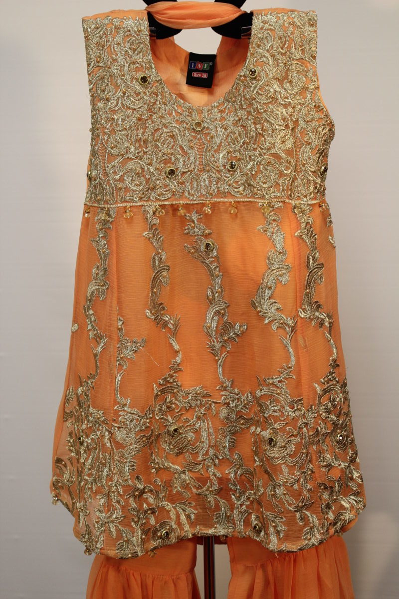 Pakistani Peach Embellished Kids Gharara Frock