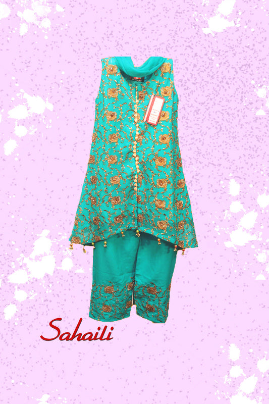 Pakistani Embroidered Turquoise Kids Dress