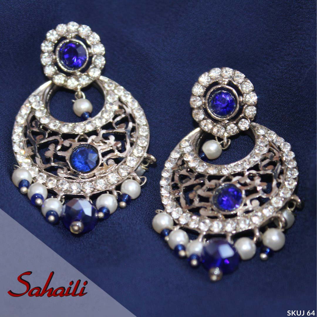 Pakistani Blue Silver Chaand Bali