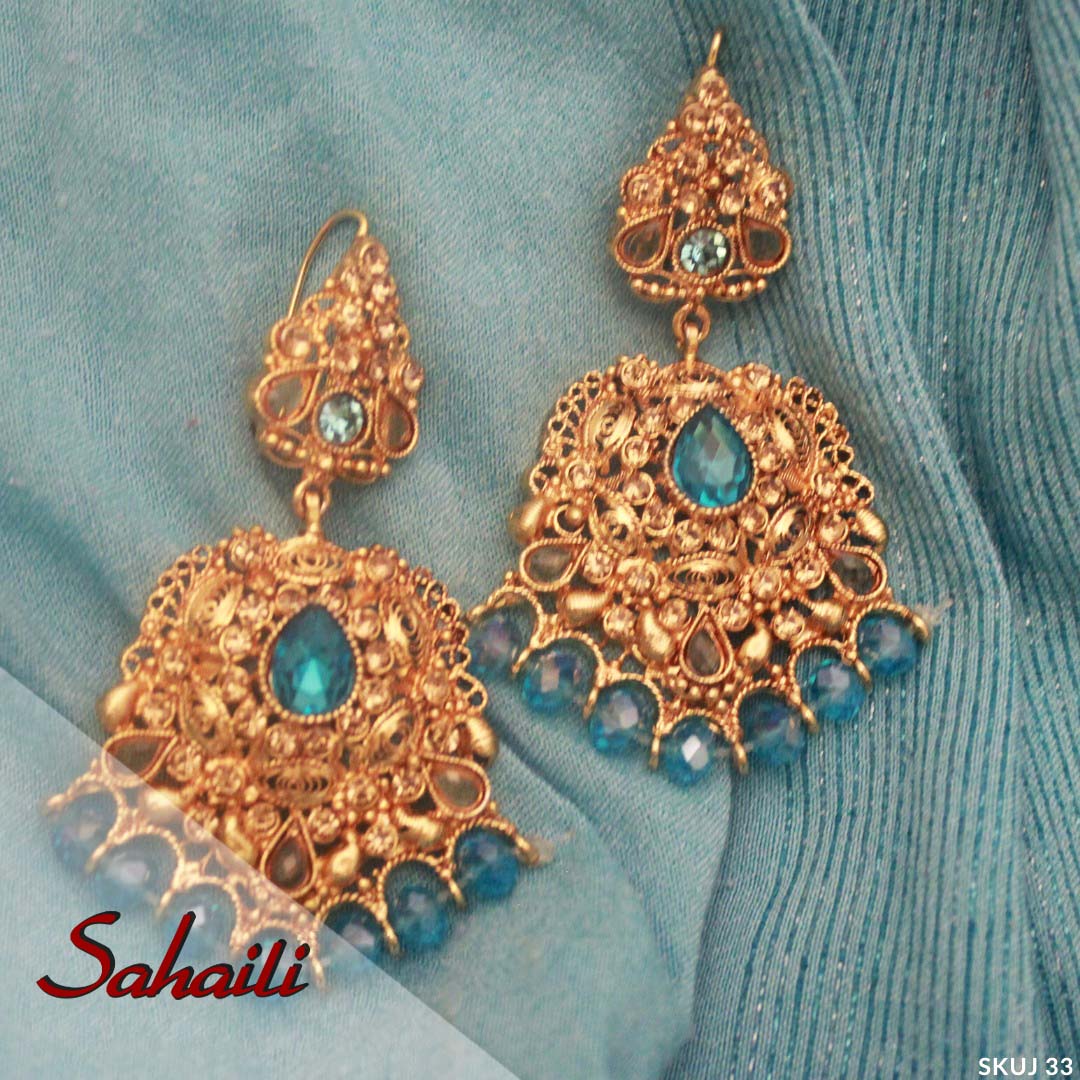 Pakistani Gold Aqua Earrings