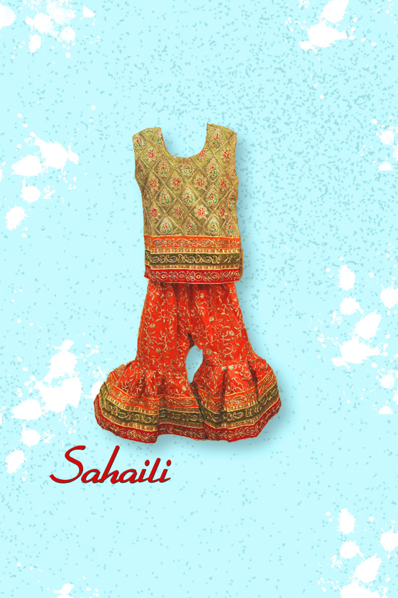 Pakistani Lime Red Embellished Kids Gharara