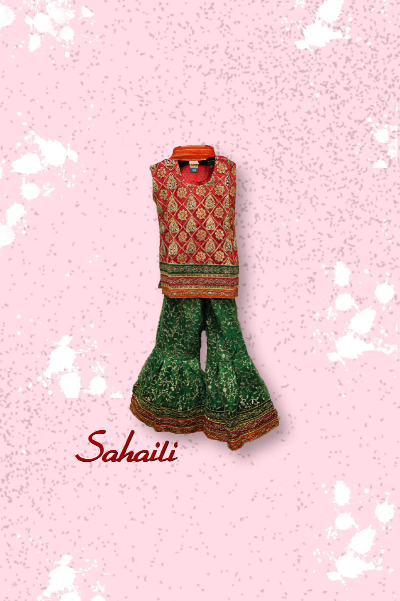 Pakistani Red Green Embellished Kids Gharara