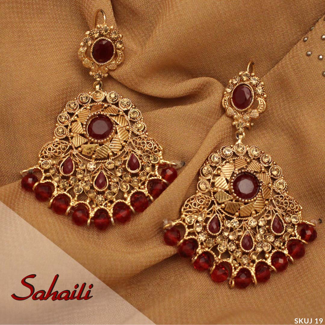 Pakistani Maroon Gold Earrings
