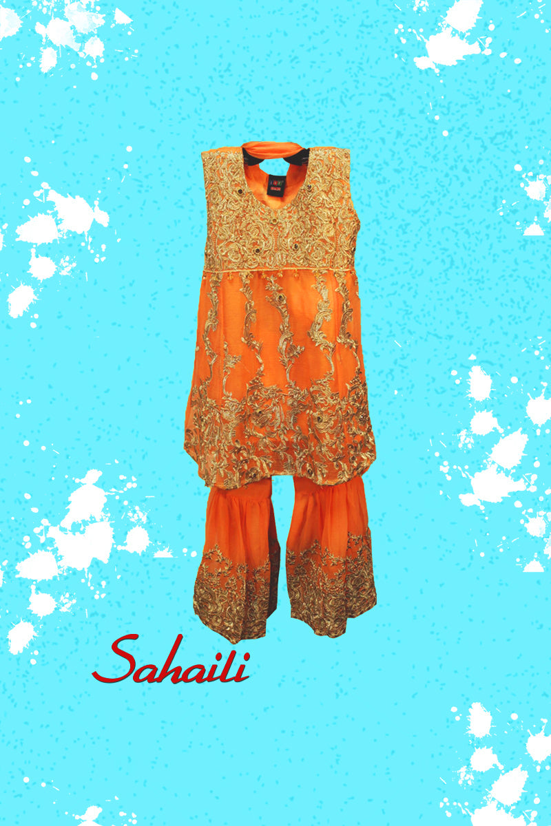 Pakistani Peach Embellished Kids Gharara Frock