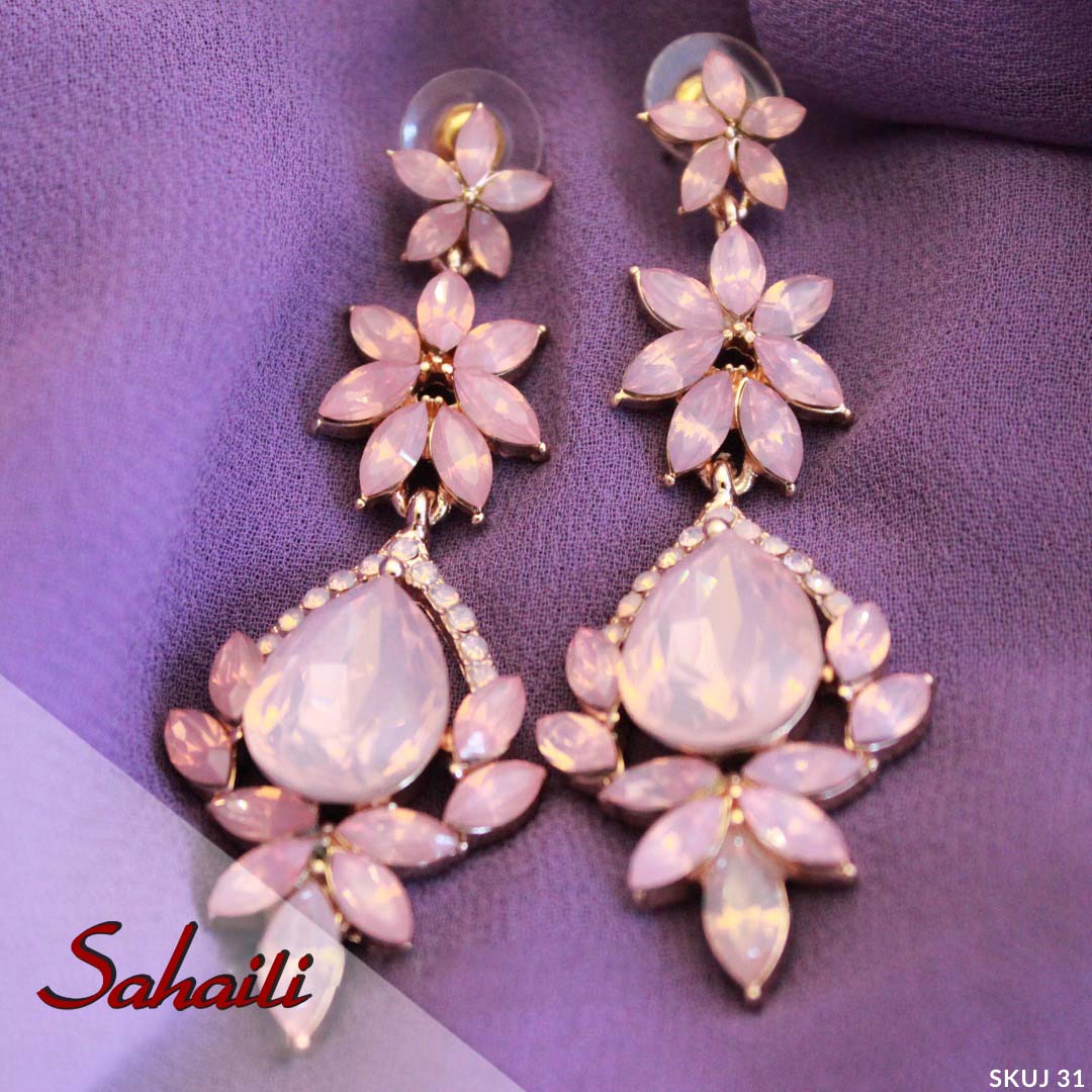 Pakistani Pink Stoned Long Earrings