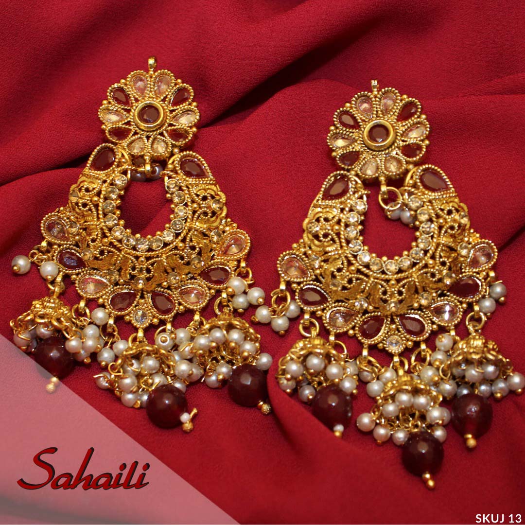 Pakistani Red Gold Chandbali Earrings