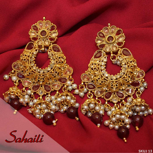 Pakistani Red Gold Chandbali Earrings