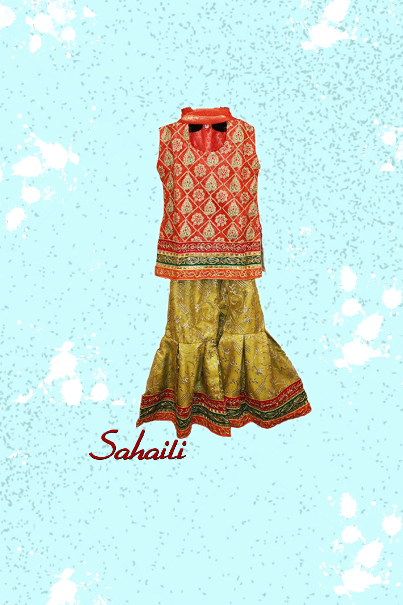 Pakistani Red Lime Embellished Gharara