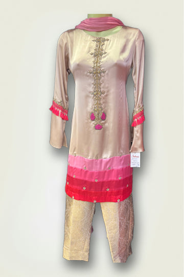 Pakistani pink Silk Bead Work Printed Women Outfit