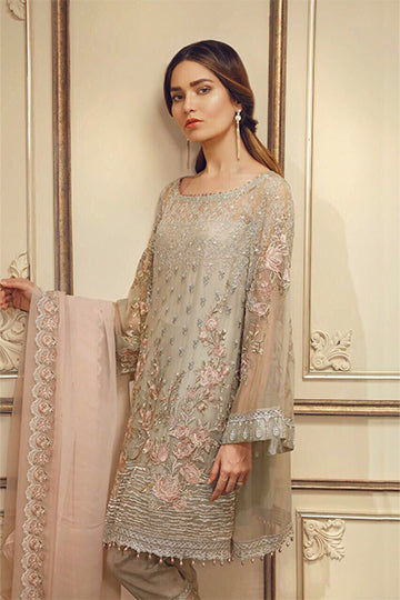 Pakistani Embroidered Gray Chiffon Dress