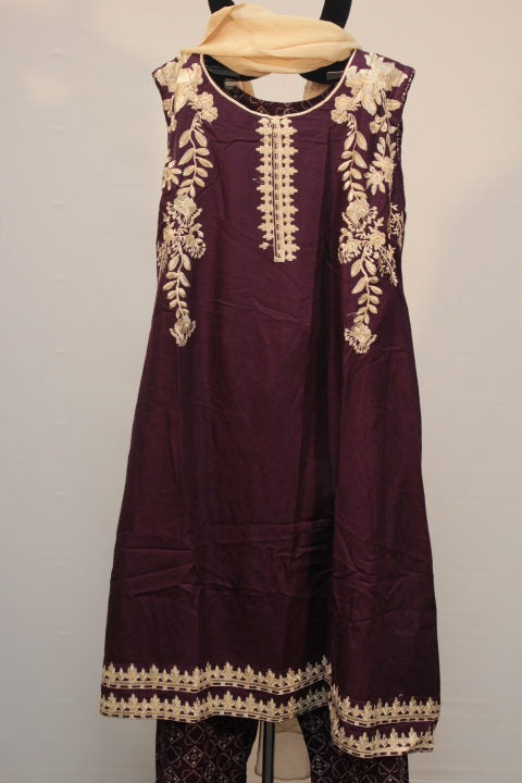 Pakistani Maroon Embroidered Cotton Dress