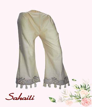 Pakistani White Pearls Tasseled Flare Pants